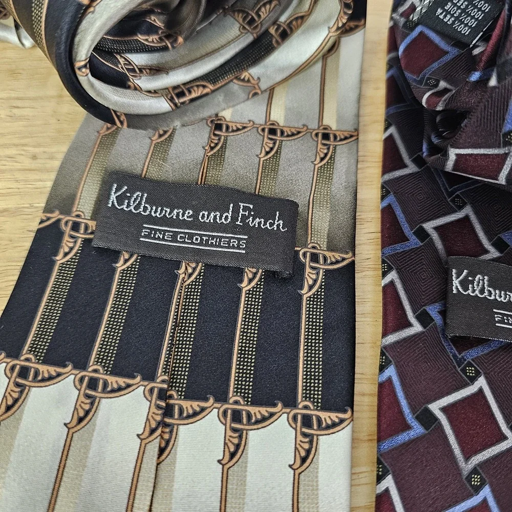 Kilburne‎ & Finch Mens Necktie Tie Lot 2 Gold Black Burgundy Blue Geometric Silk